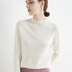 Half High Collar Pure Wool Women's Long Sleeved Knitted Base Sweater - White - View 1