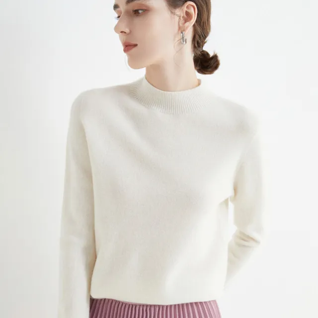 Half High Collar Pure Wool Women's Long Sleeved Knitted Base Sweater White - Shop at LoveMi