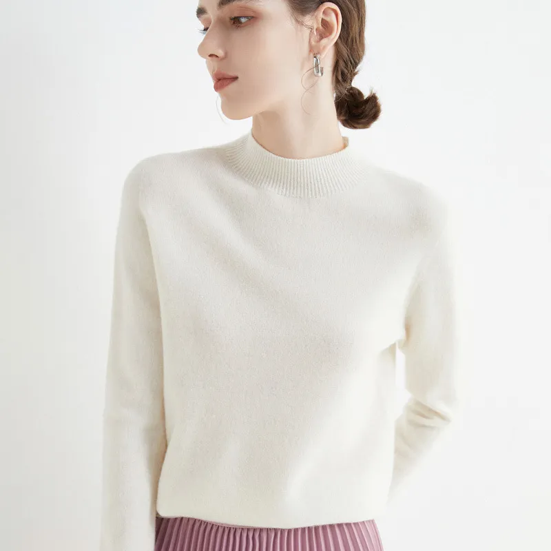 Half High Collar Pure Wool Women's Long Sleeved Knitted Base Sweater - White