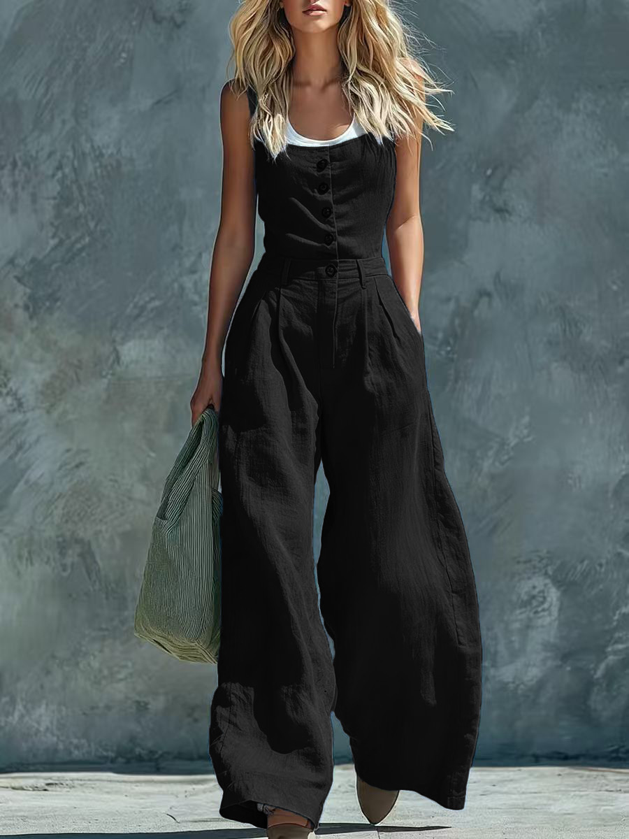 Women's Retro High-Waist Wide-Leg Jumpsuit – solid color elegant lifestyle styled
