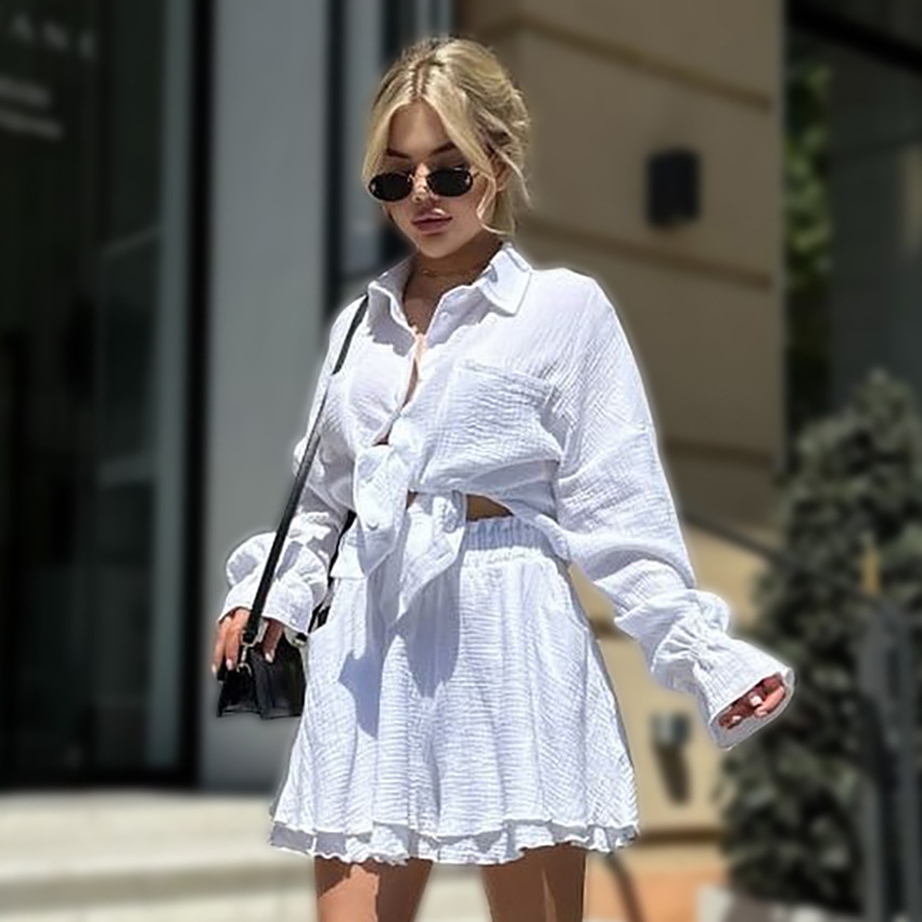 Women's Cotton Loose Cardigan Long Sleeve Shorts Pajamas Simple