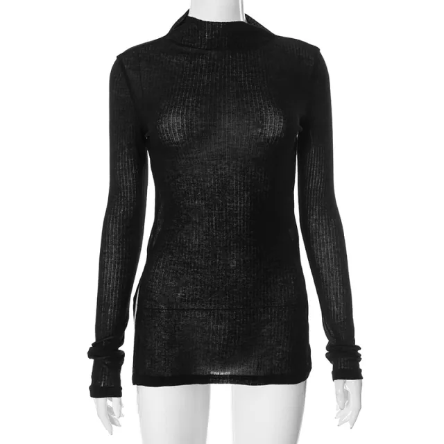 Turtleneck Long Sleeve Split Rib Knitted T shirt Black - Shop at LoveMi