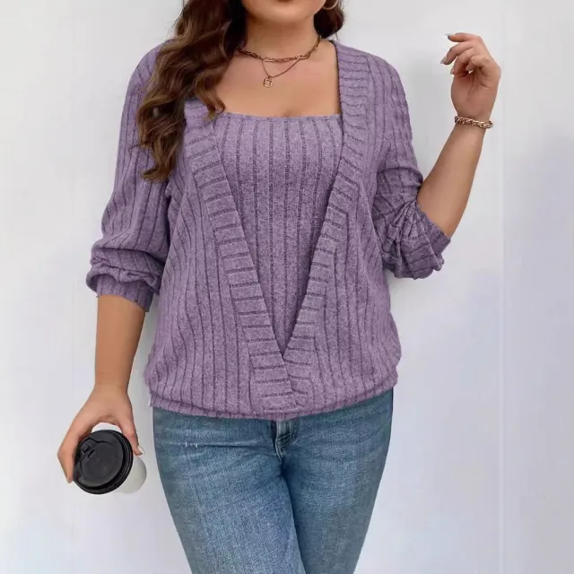Solid Color Rib Fabric V neck Long Sleeve False Two piece Suit Purple - Shop at LoveMi