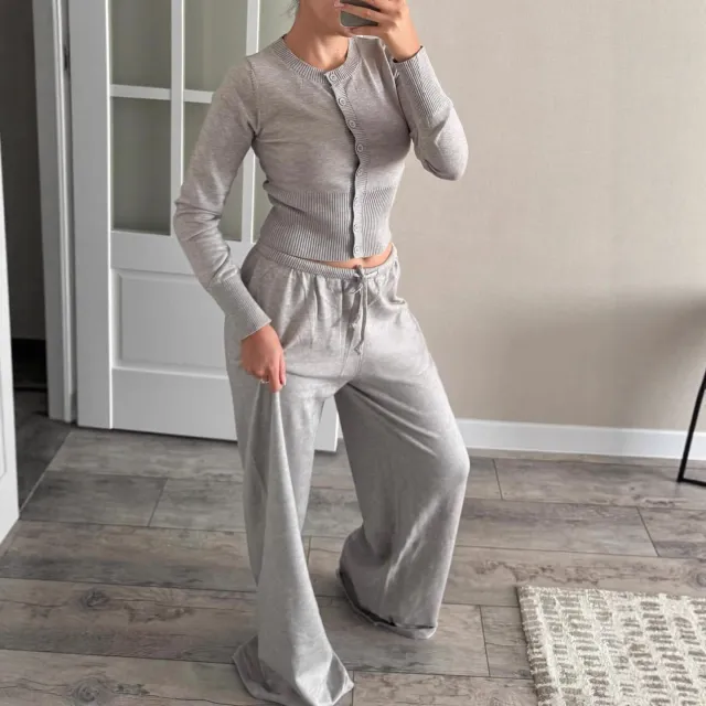 Stylish Summer Cardigan With Buttons Knitted Long Sleeve Crew Neck Top And Pants Casual Set Grey - Shop at LoveMi