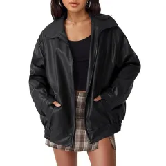 Spring And Autumn European And American Leather Jacket Locomotive Style Loose Top Coat Women - Black - View 1