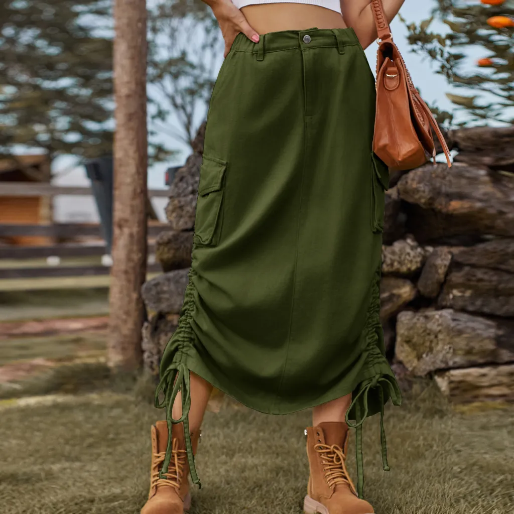 American-style Denim Casual Midi Skirt - Army Green