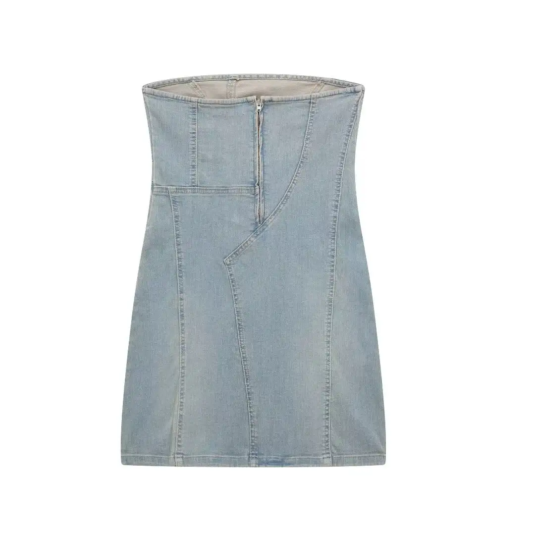 Women's Denim Tube Top Mini Dress Strapless Bodycon Summer Dress — XS