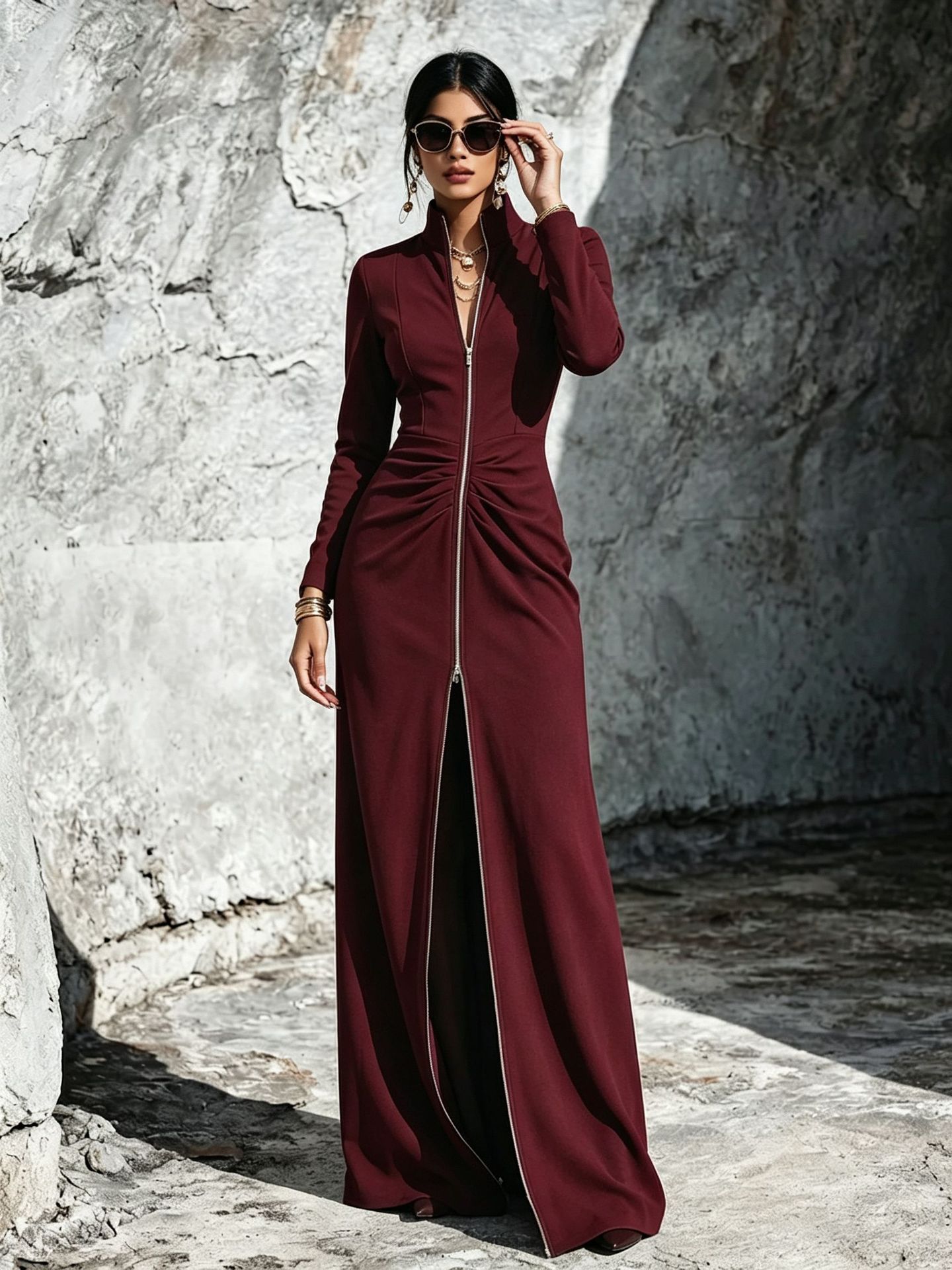 Women's Long-Sleeve Zip-Up Dress - Slim Fit Elegant