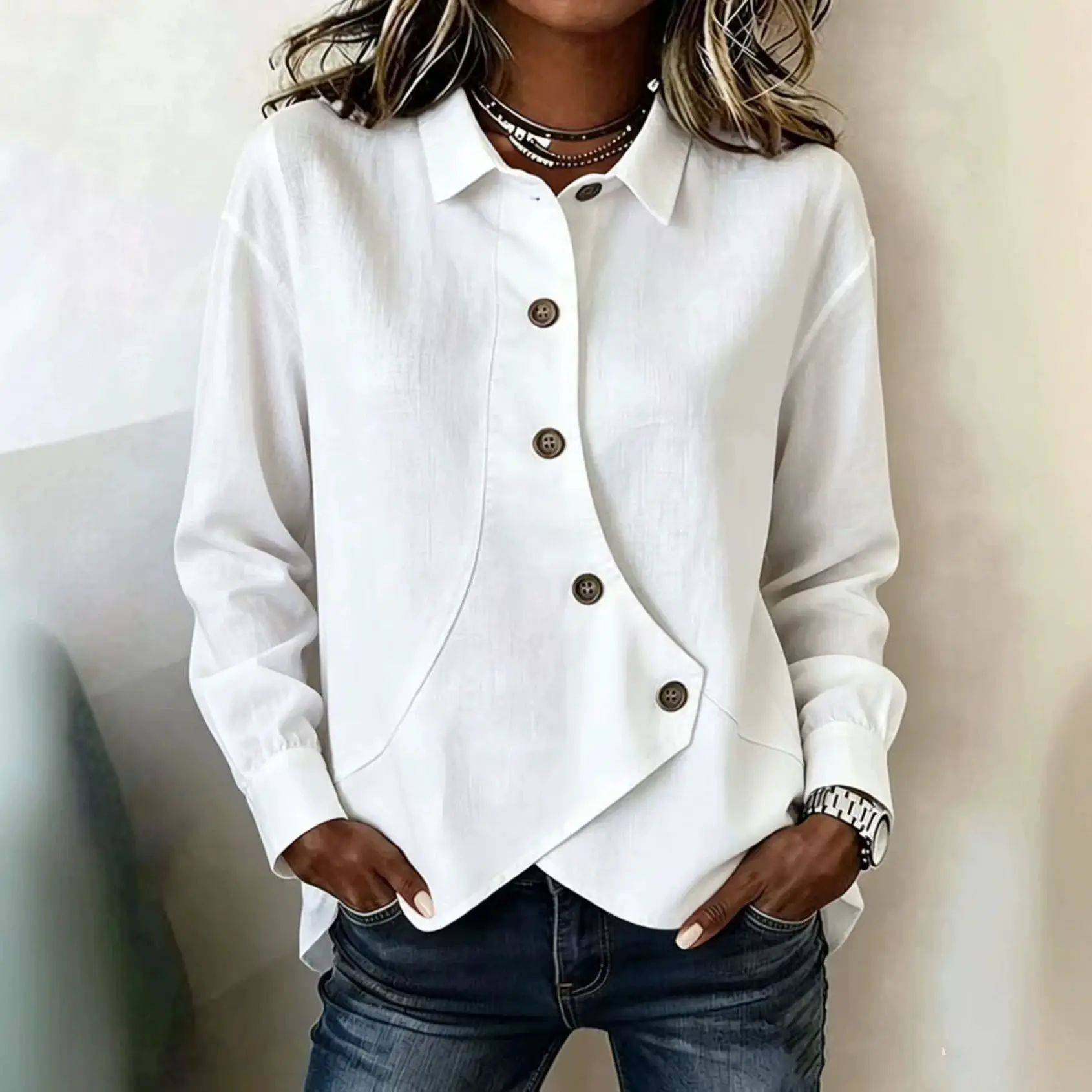 Womens Casual Solid-Color Asymmetrical Long-Sleeve Shirt European