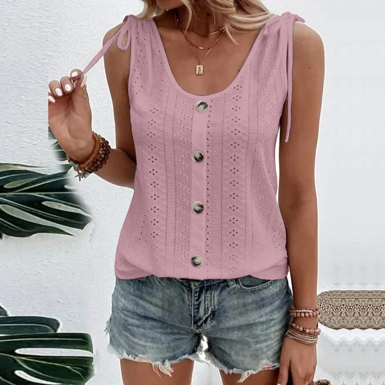 Women's Sexy Casual Solid Color U-neck Vest Short Sleeve - Dark Pink