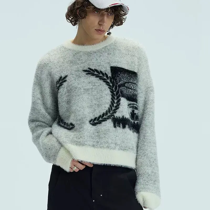 Mens American-style Cartoon Knitted Plush Color-block Crew-neck
