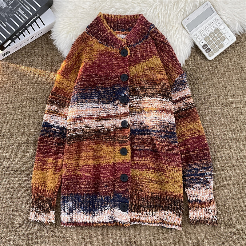 Blue Gradient Cardigan Sweater Men's Loose