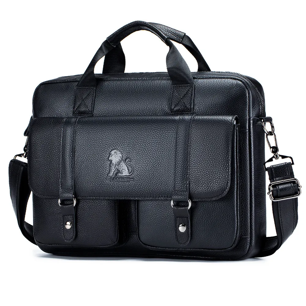 Cowhide Men's Briefcase Business Large Capacity Handbag - Black