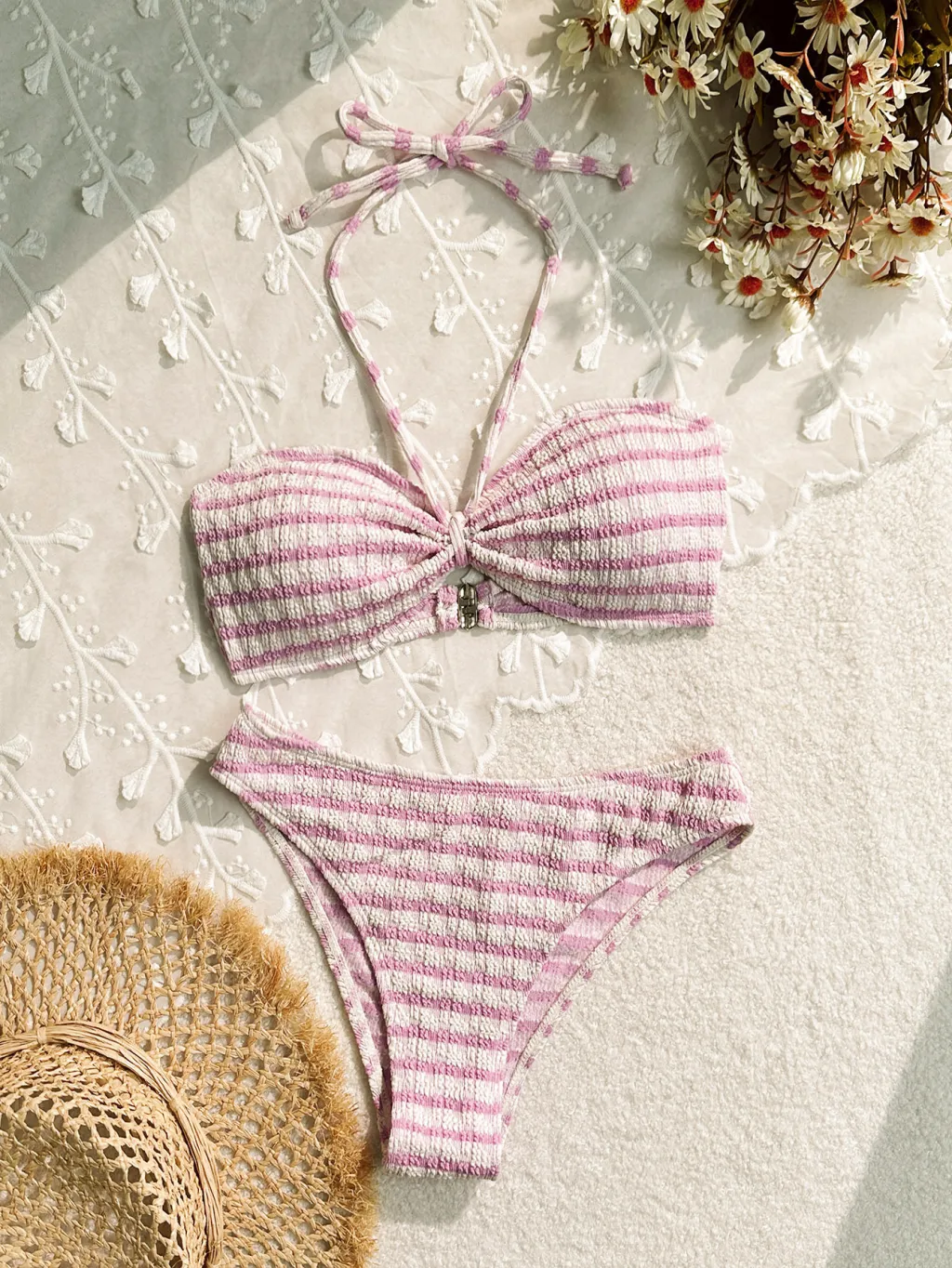 Female Split Stripe Printed Hanging Neck Bikini - Pink