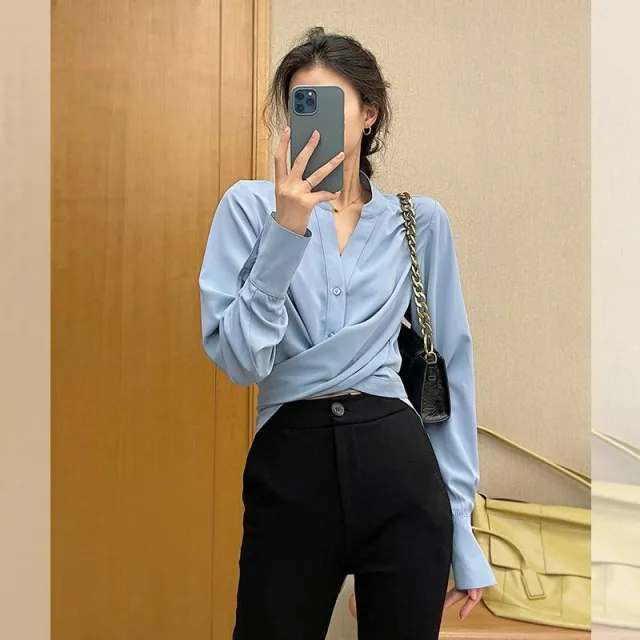 Design Commuter Young Style French Clavicle Cross Tied Top Women Sky Blue - Shop at LoveMi