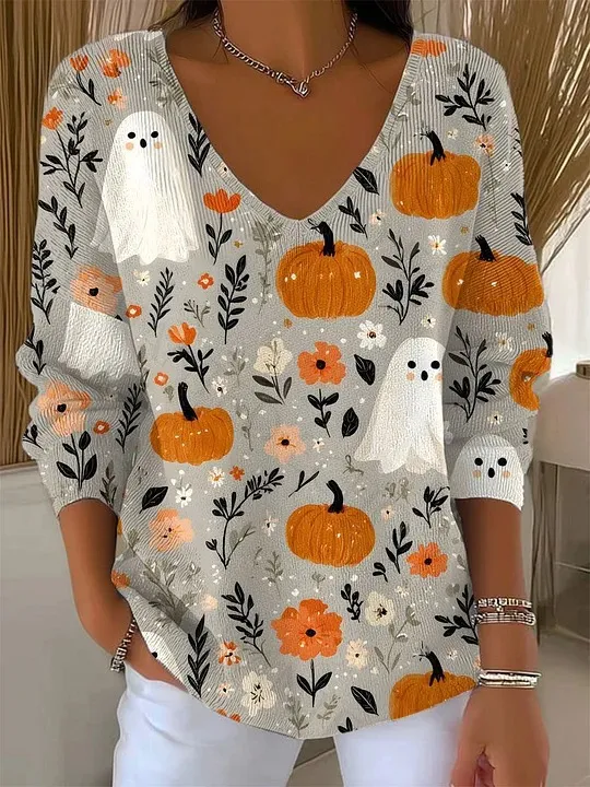 V-neck Long-sleeved Sweater Floral Loose Sweater - Style 1