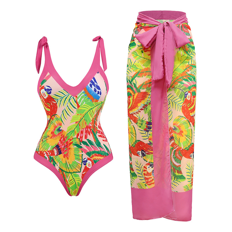 Retro One-piece Swimsuit Women's V-neck Covered Belly Thin Skirt Hot Spring Beach Dress - Image 8