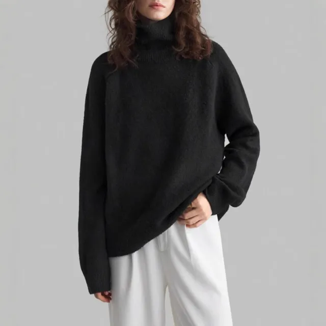 Loose Fitting High Neck Solid Color Sweater Black - Shop at LoveMi