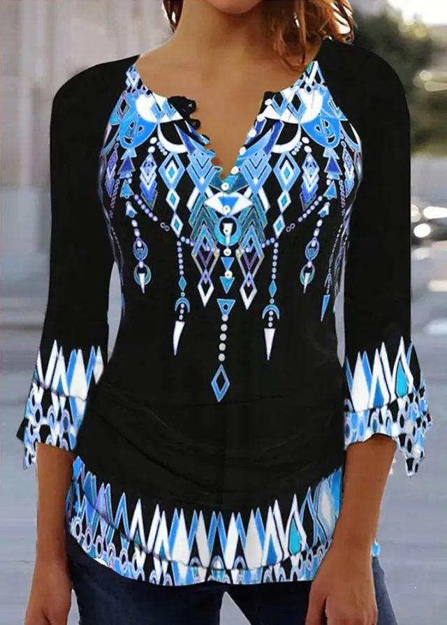 Women's Floral Printed 34 Sleeves V neck Buttons Shirt Qfx23 - Shop at LoveMi