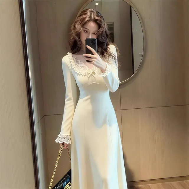 Early Autumn FrenchStyle Elegant Lace Knit Dress Apricot - Shop at LoveMi