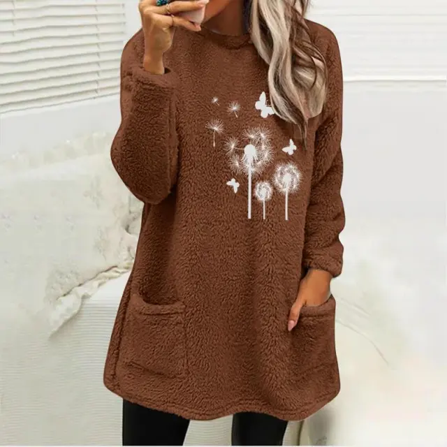 European And American Women's Round Neck Pullover Long Sleeve Pocket Embossed Double sided Velvet Sweatshirt Dark Brown - Shop at LoveMi