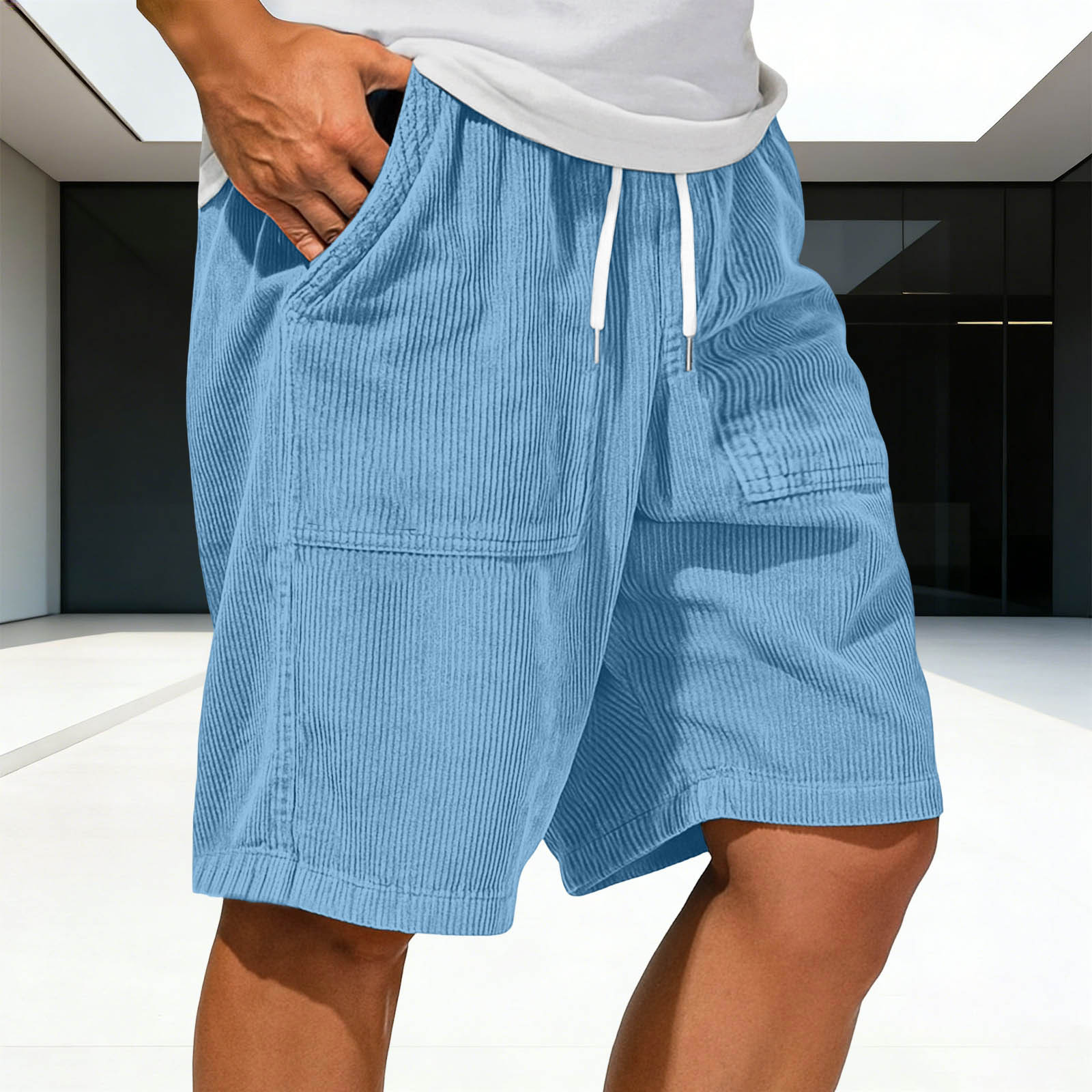 Men's Retro Corduroy Lace-Up Pocket Casual Shorts