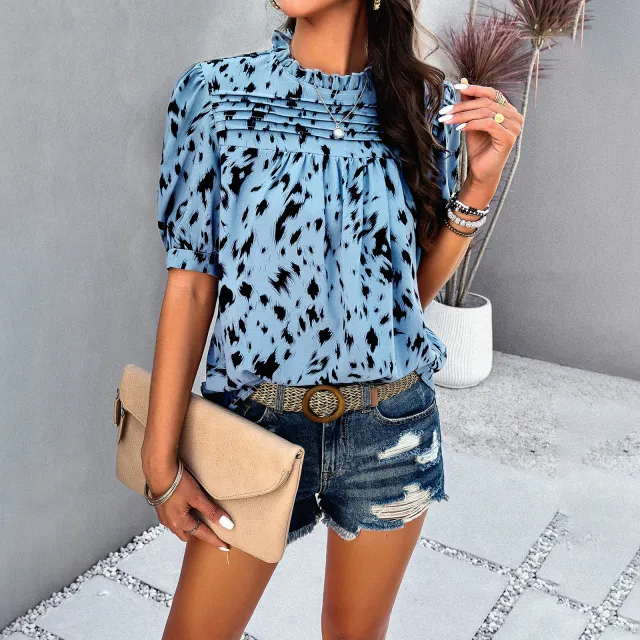 Women's Shirt Temperament Printed Short sleeved Top Blue - Shop at LoveMi