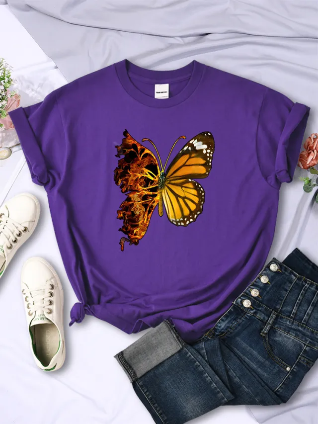 Butterfly Wings Pattern Fashion Short Sleeve Women Purple - Shop at LoveMi