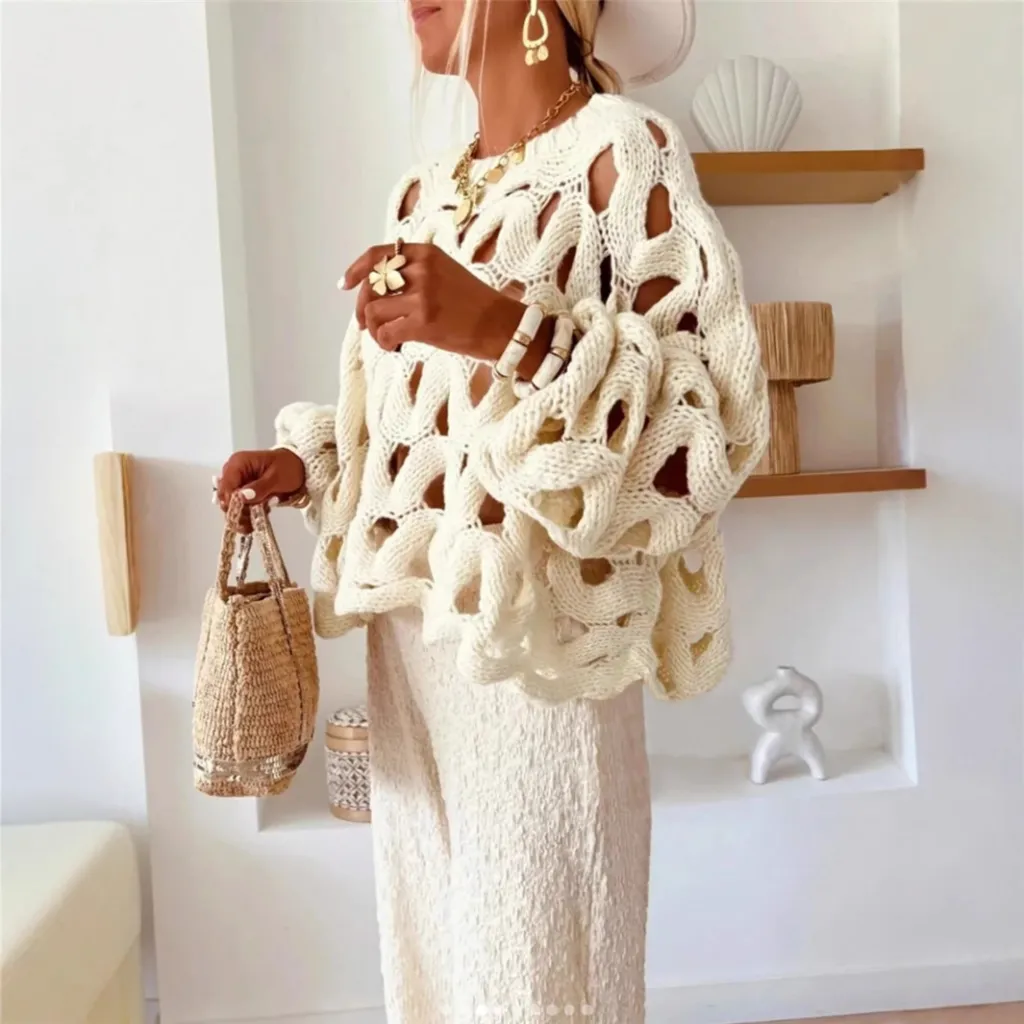 Women's Casual Leisure Vacation Beach Long Sleeve Sweater Pullover - Apricot