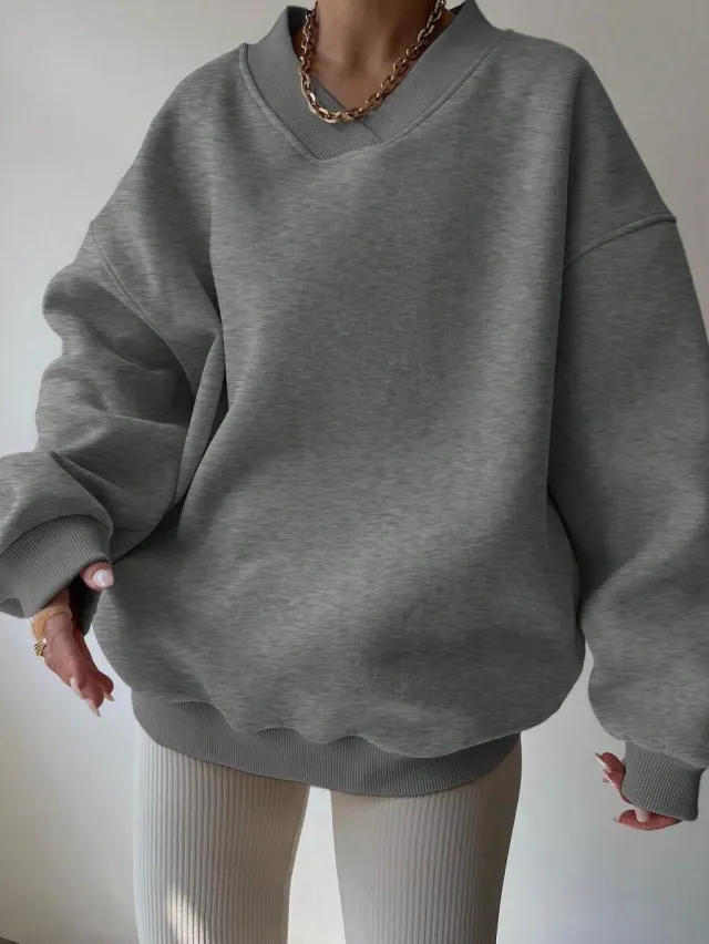 Women's Casual Solid Color Long Sleeve Crew Neck Sweater Gray - Shop at LoveMi