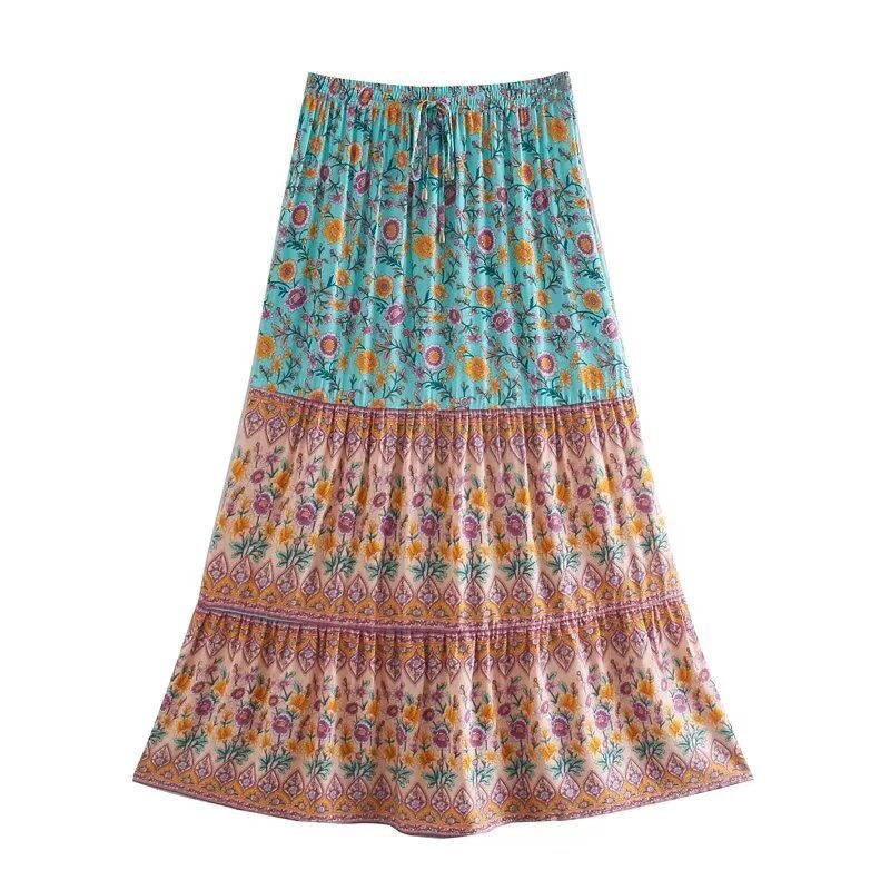 Elastic-waist Position-marked Viscose Printed Midi Skirt