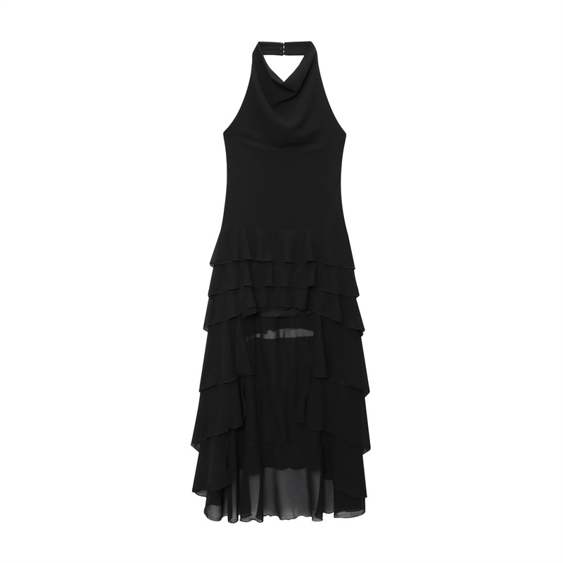 Fashion Temperament Laminated Decoration Hanging Collar Long Dress Black - Shop at LoveMi