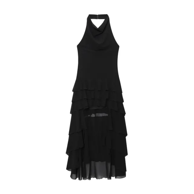 Fashion Temperament Laminated Decoration Hanging Collar Long Dress Black - Shop at LoveMi