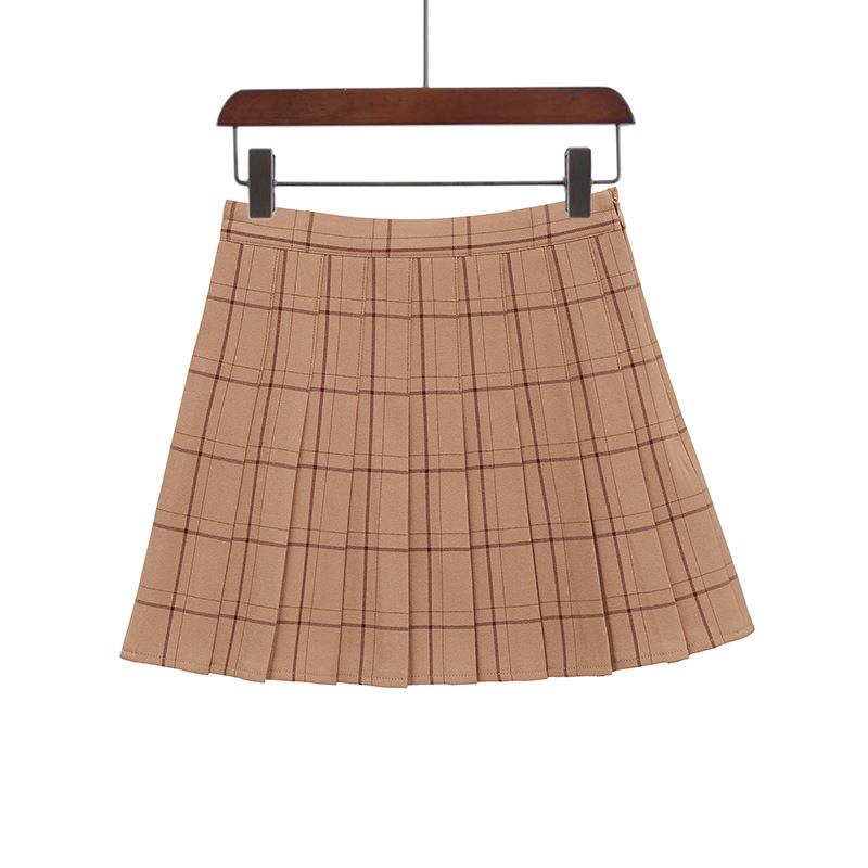 Plaid Pleated High Waist Skirt A Line Skirt Caramel Plaid M - Shop at LoveMi