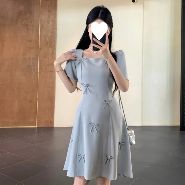 Plus Size Plump Girls French Square Collar Bow Dress Women's Summer Design Sense Waist Slimming Short Dress - Shop at LoveMi