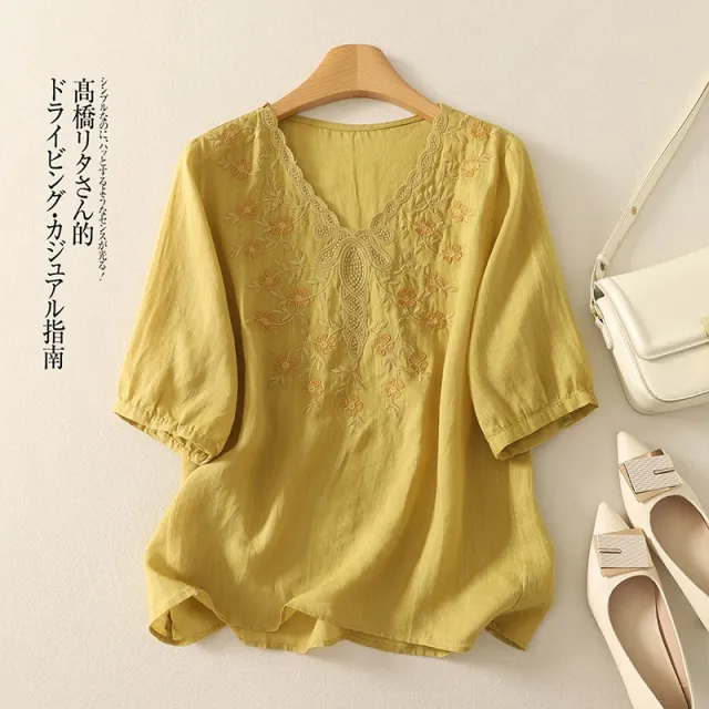 Embroidered Women's Elegant Lace V neck Half Sleeves Pullover Shirt Red - Shop at LoveMi