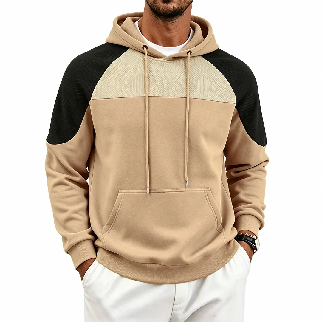 Fleece-lined Mens Patchwork Color-block Textured Loose-fit Hooded