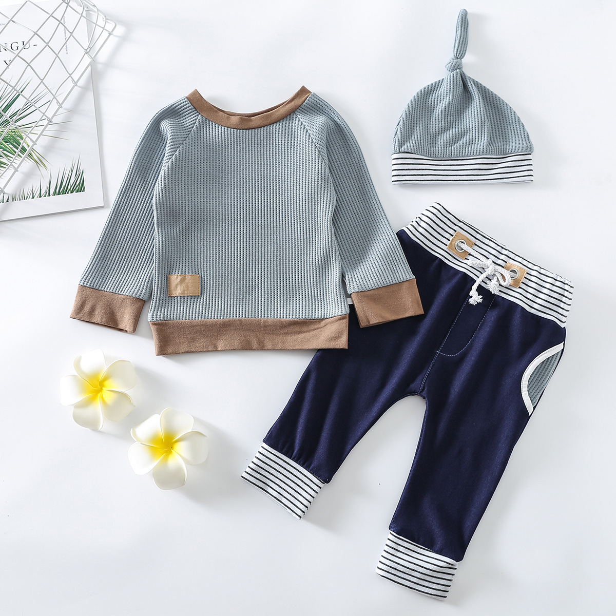 Non-hooded Striped Cotton Blue Pullover Blouse And Pants