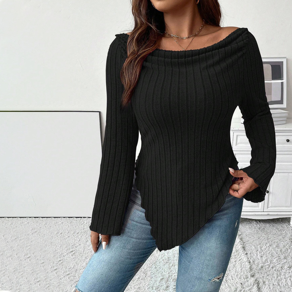 Plus Size Women's Off-neck Long Sleeve T-shirt Slim Fit Irregular Top