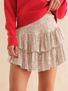 High Waist Sequined Pleated Skirt Women's Clothing Party Short Dress - Apricot - View 1