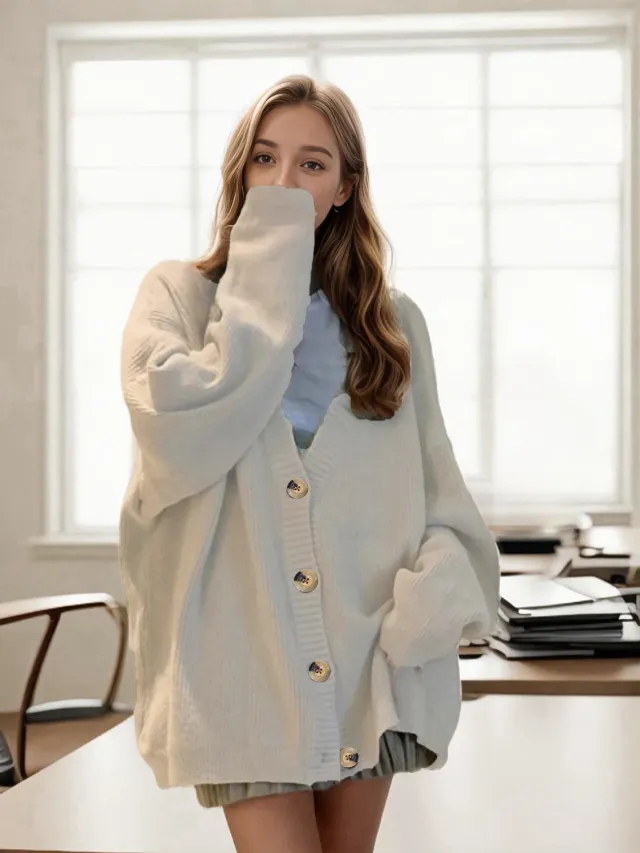 V neck Coat Solid Color Vertical Stripes Autumn And Winter Beige - Shop at LoveMi