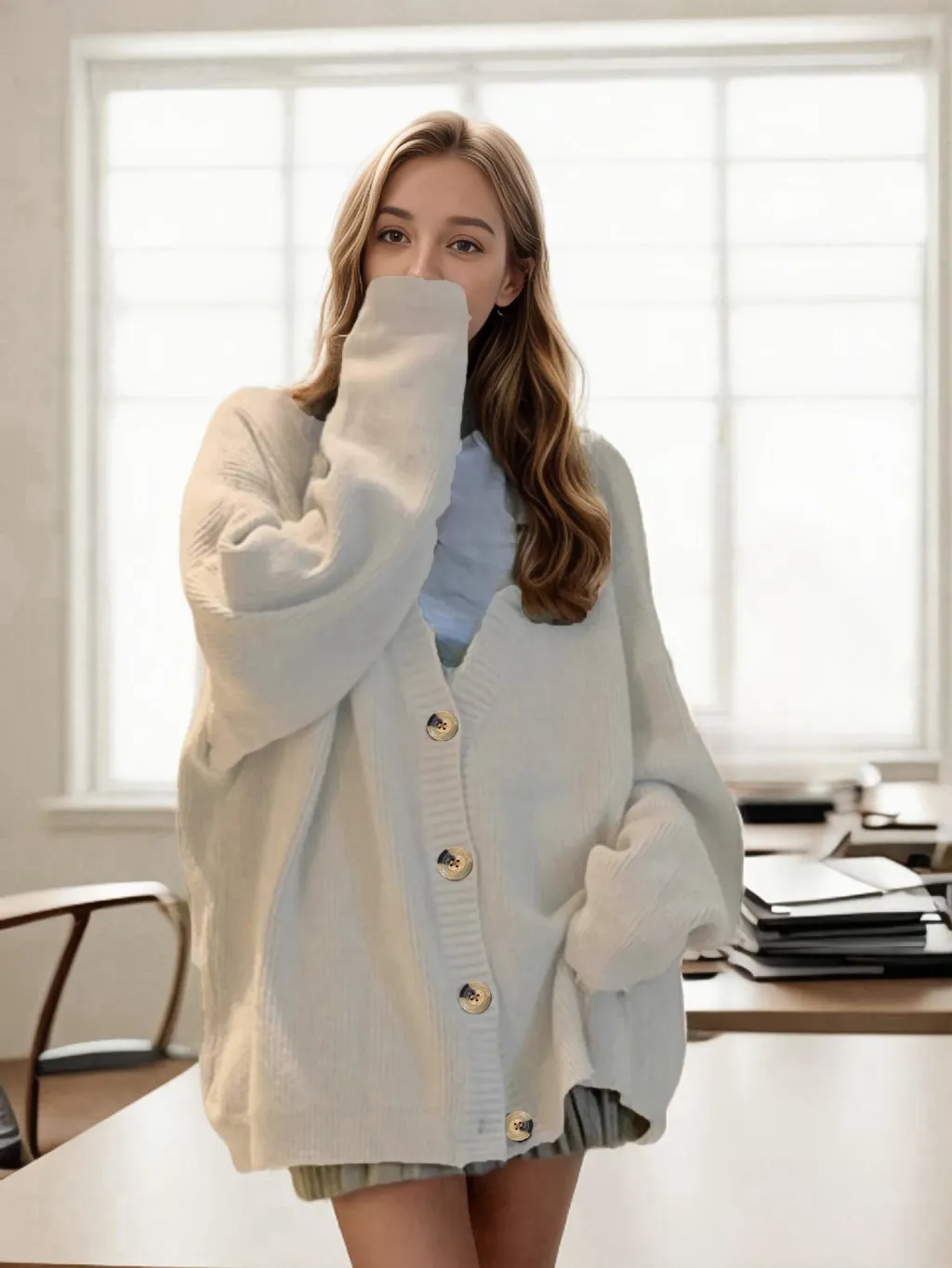 V-neck Coat Solid Color Vertical Stripes Autumn And Winter - Beige
