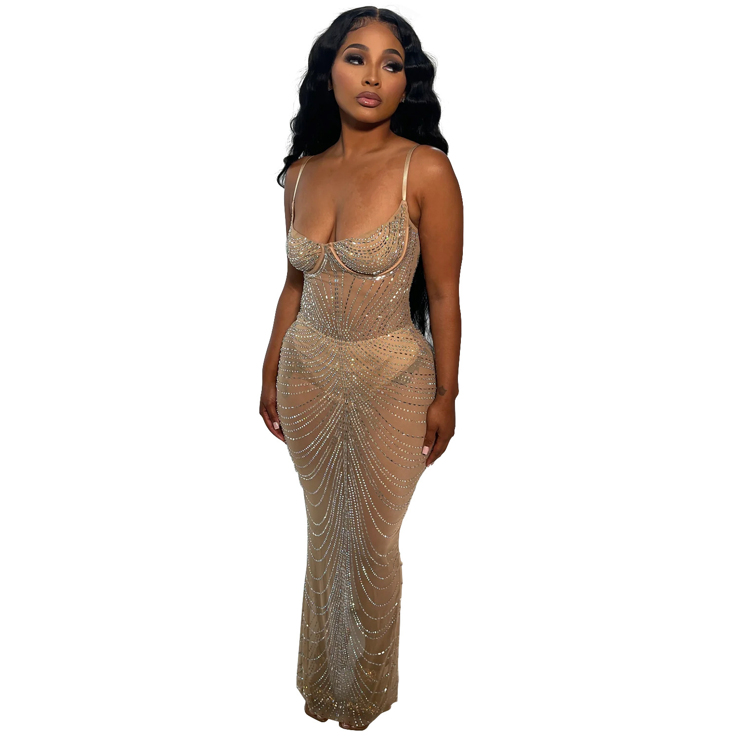 Fashion Women's Wear Mesh Hot Drilling Sling Dress C6613 Apricot - Shop at LoveMi