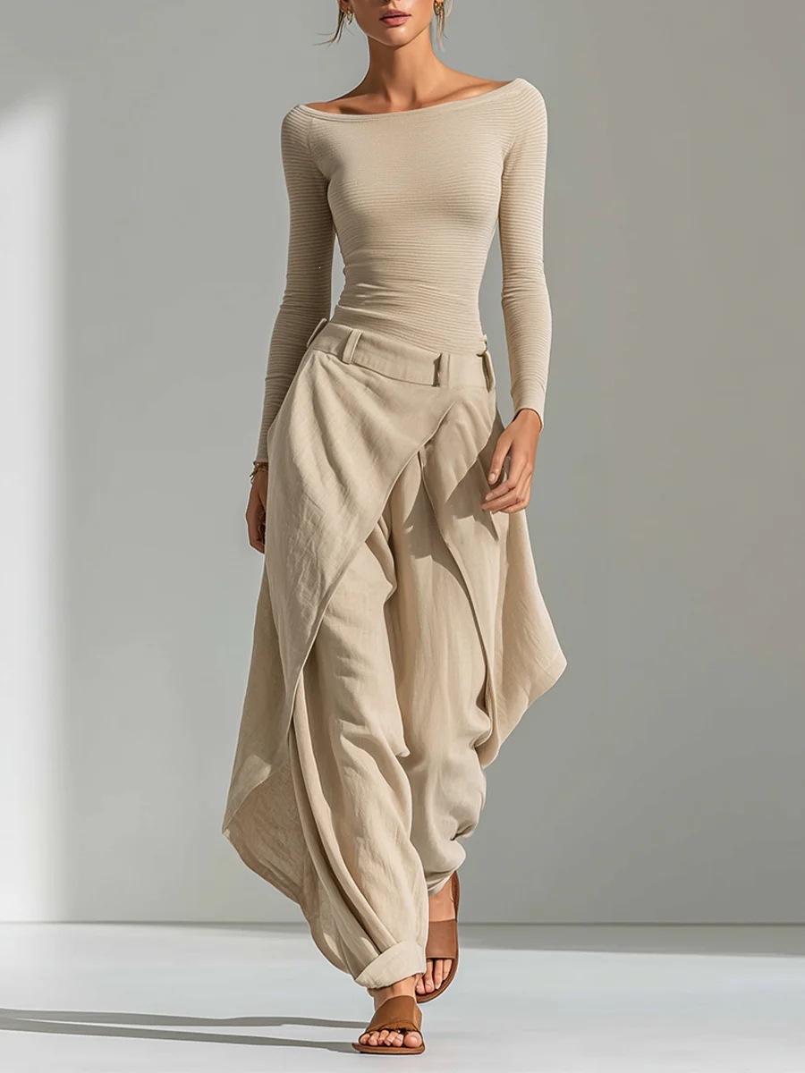 Elegant Casual Two-piece Set Featuring An Irregularly Draped Wide-leg Pants Style