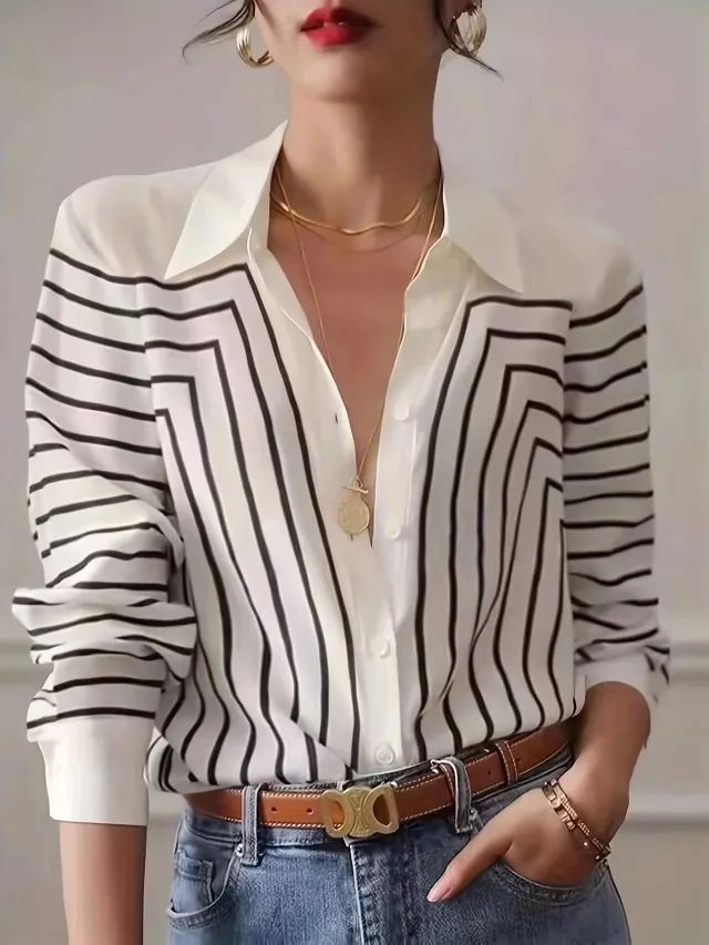 Autumn Striped Shirt Women's Long Sleeve Loose Silk Top White - Shop at LoveMi