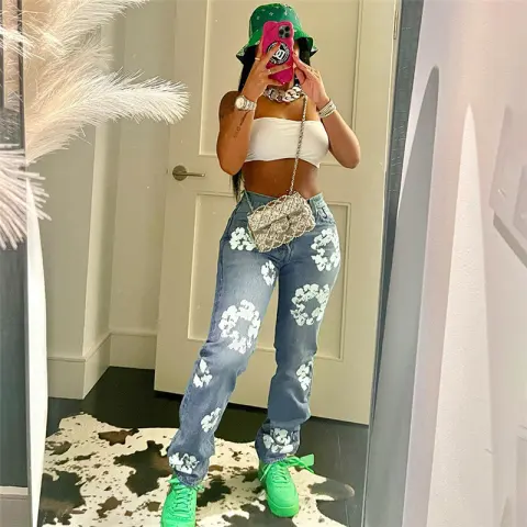 Fashionable Printed High Waist Straight Jeans for Women