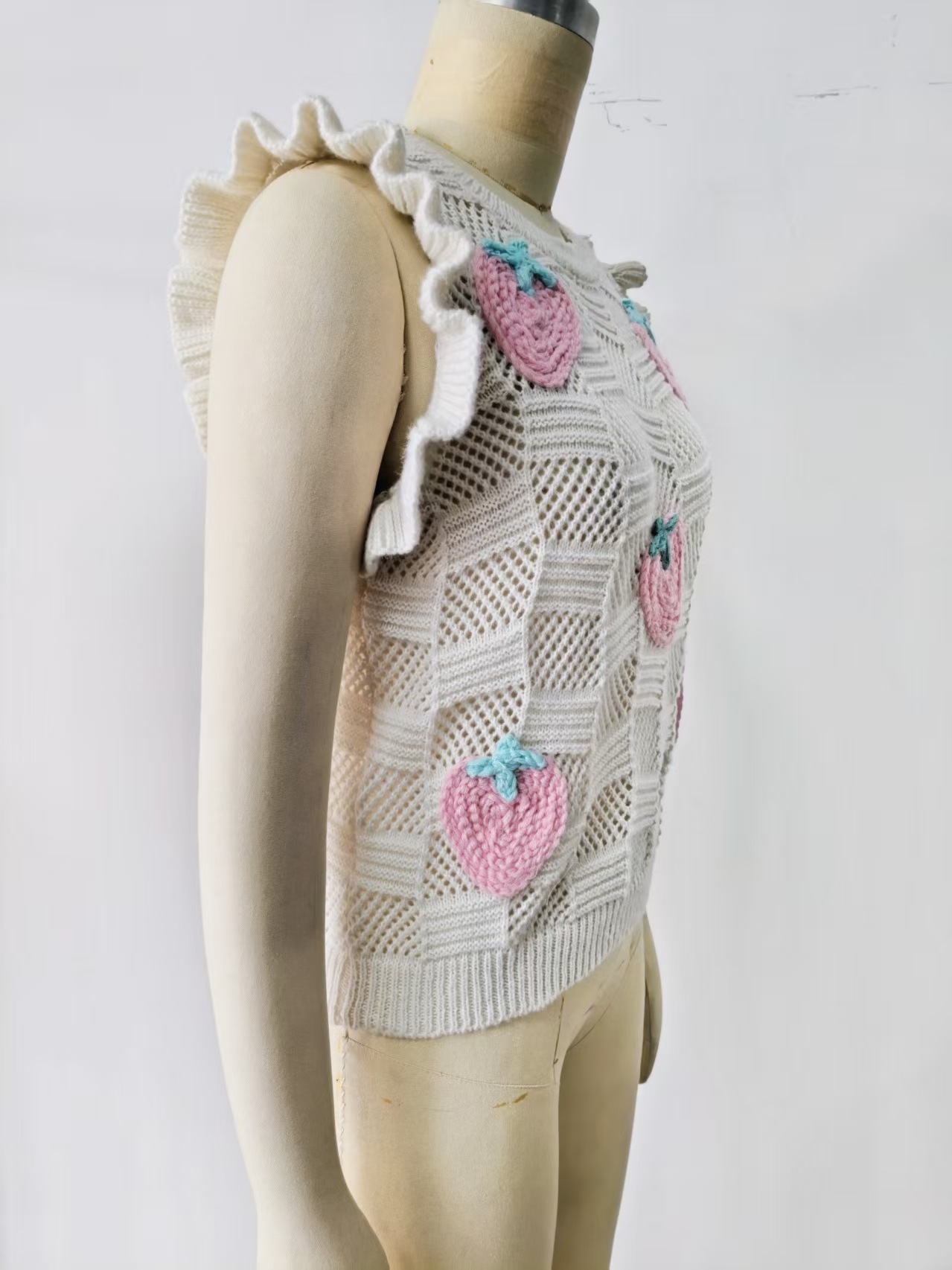 Women's hollow-out knit vest in Lake Blue – open knit sleeveless sweater top, front view