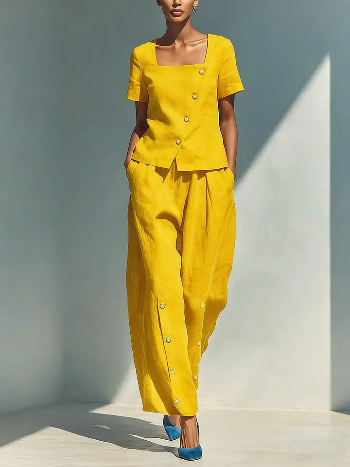 Women's Loose Top and Pants Set in Yellow – Final Lifestyle Close-Up