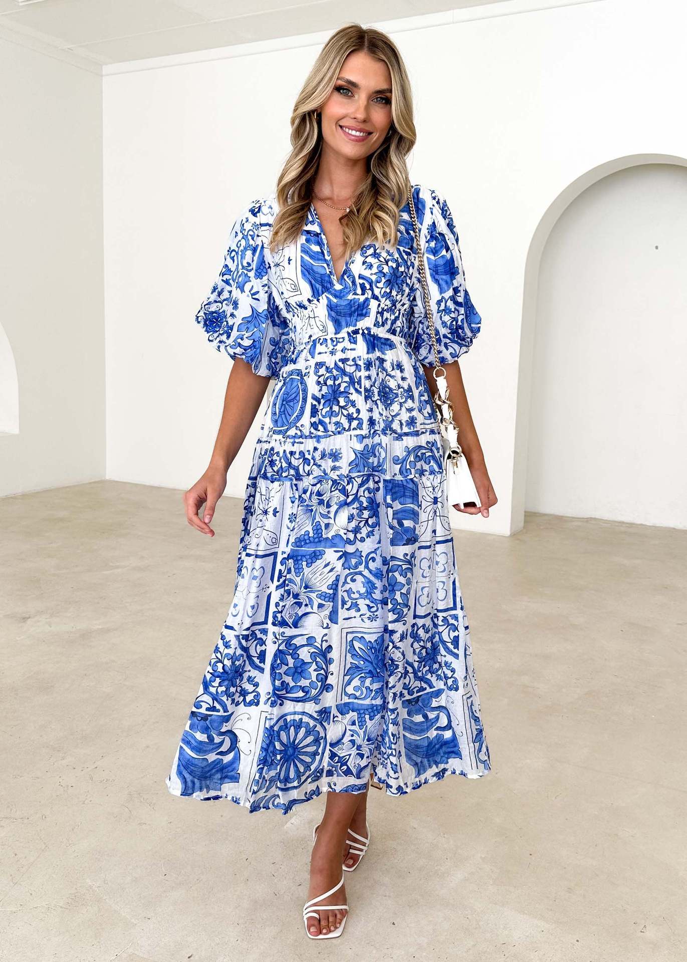 Temperament Leisure Printed V-neck Puff Sleeve Dress Women