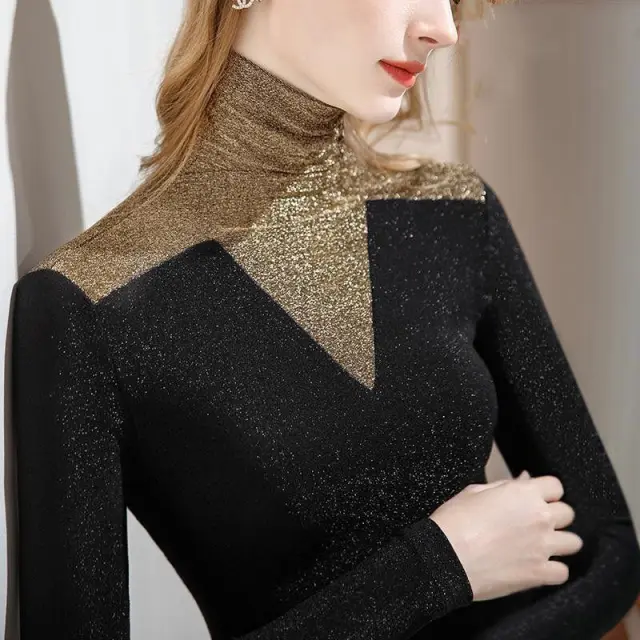 New High Neck Bottoming Shirt Women's Stitching Contrast Color Black Plus Velvet - Shop at LoveMi